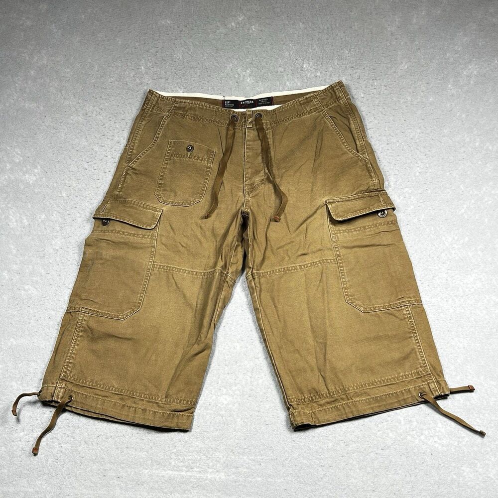 Vintage Express Shorts Men's Medium Khaki Cargo Shorts Cotton Baggy Skater Y2K